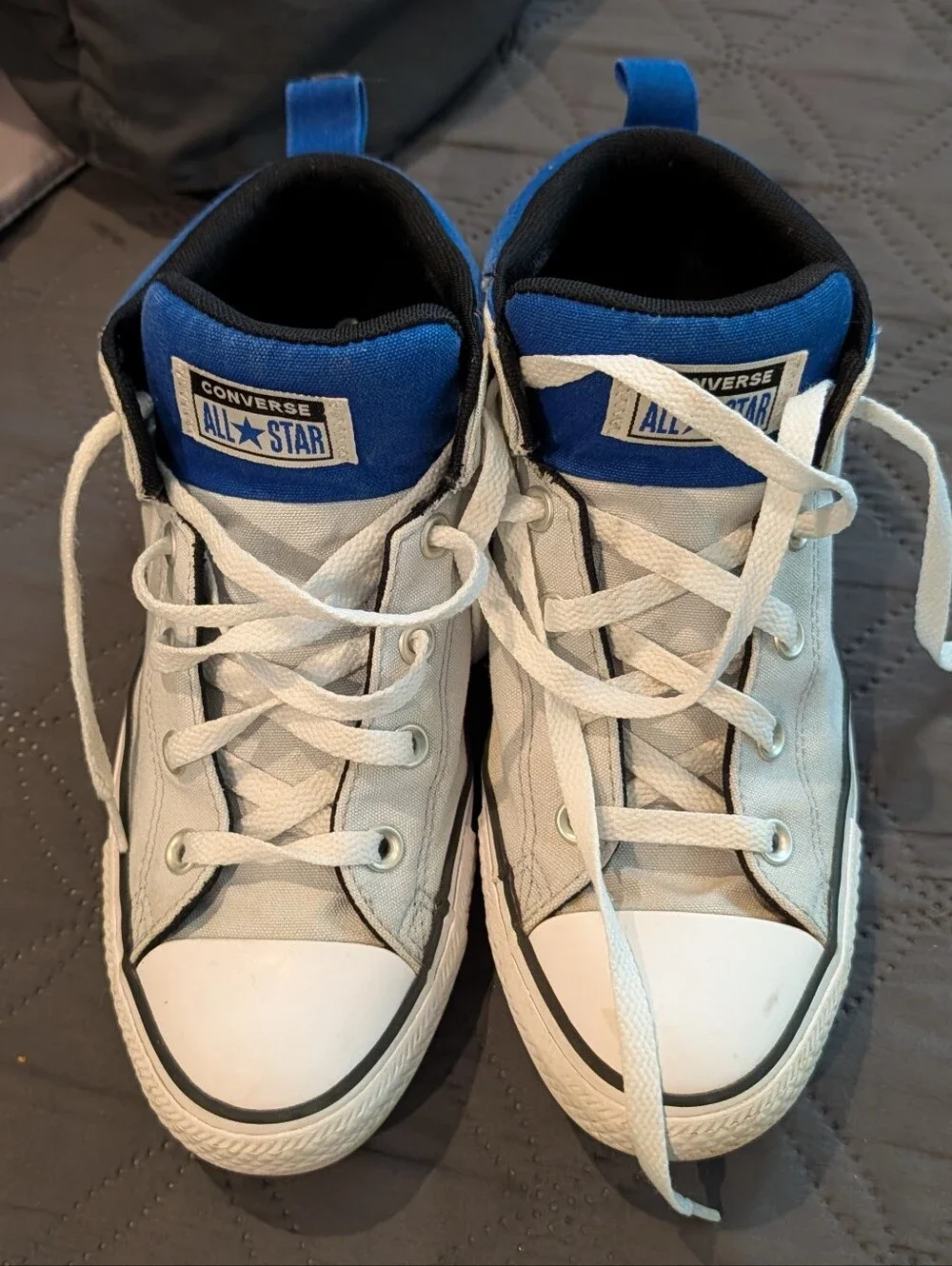 Converse Kids White Canvas High Top Sneakers with Blue Tongue